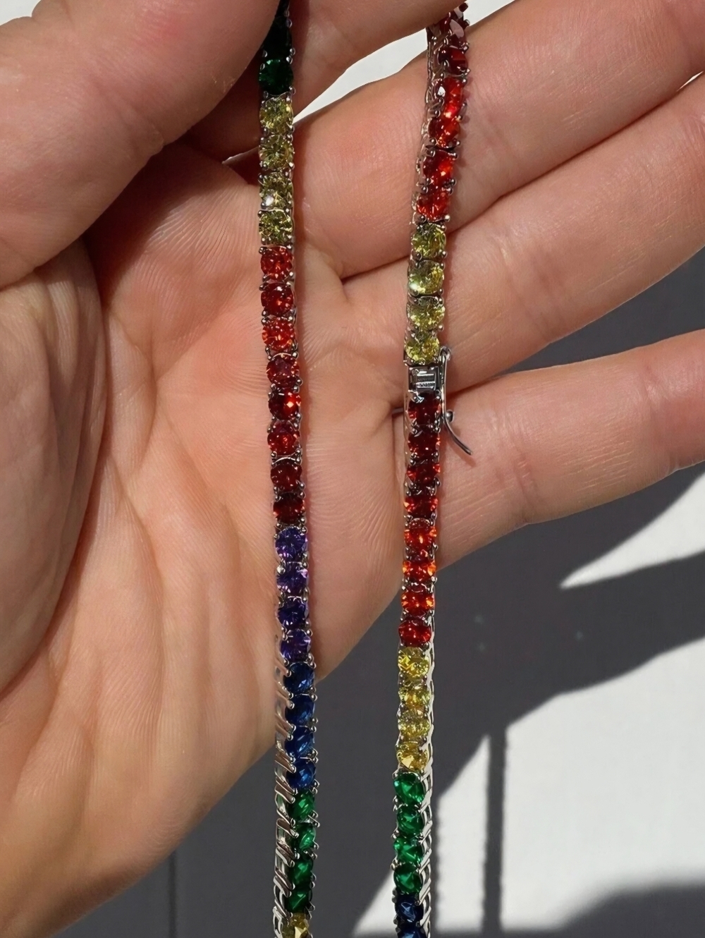 Tennis Chain SOLID 925 Gold Vermeil/ Single Row Rainbow CZ Necklace 20" - Picture 5 of 8